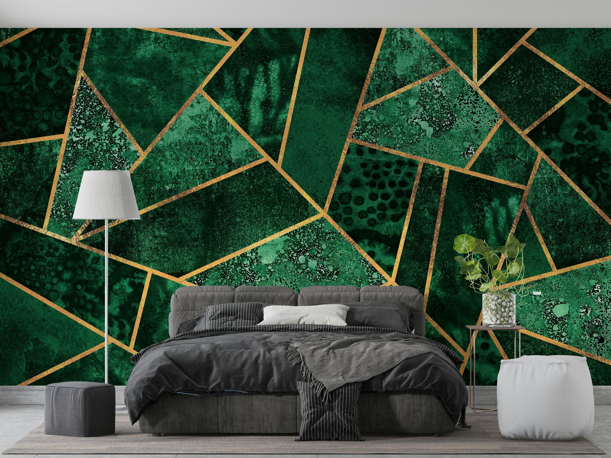 An artistic modern block mural on luxury wallpaper.

