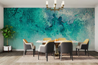 An artistic tranquil coastal mural on minimalist wallpaper.

