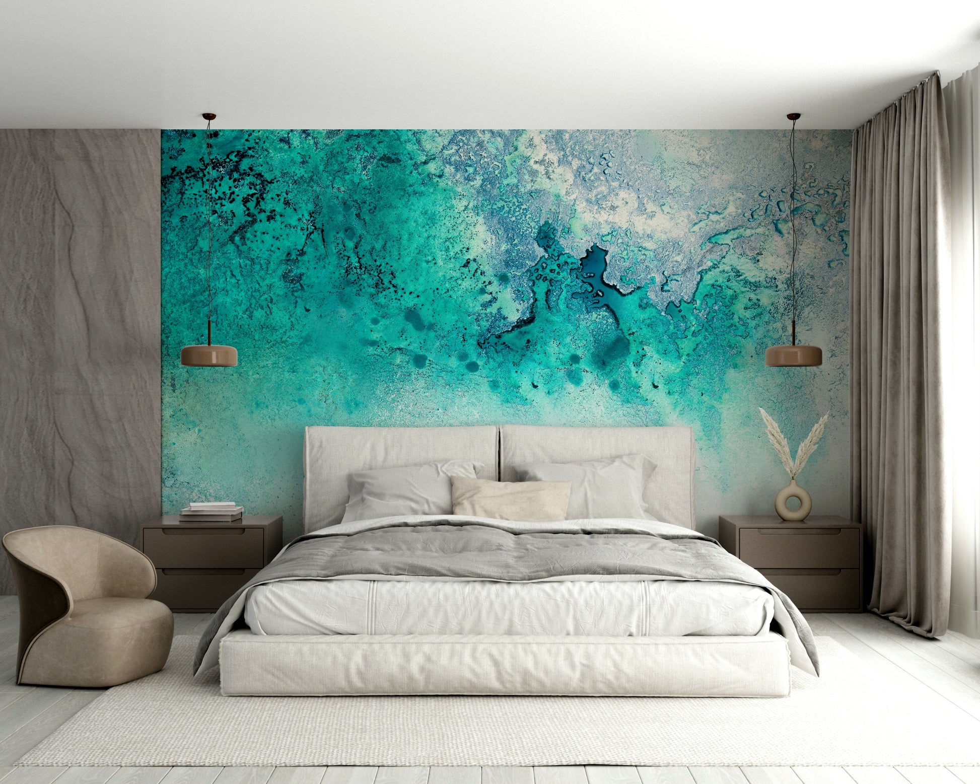 A peaceful water reflection mural on decorative wallpaper.


