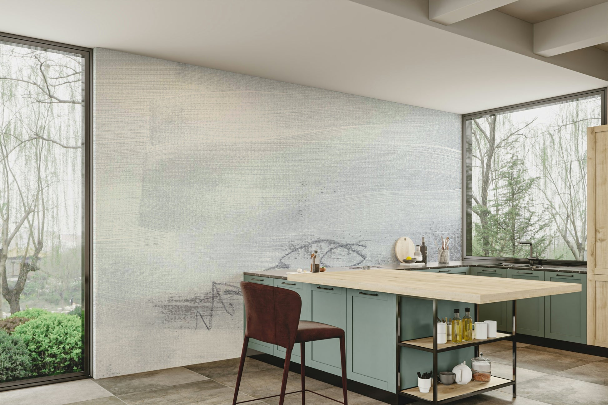 An artistic abstract monochrome mural on minimalist wallpaper.

