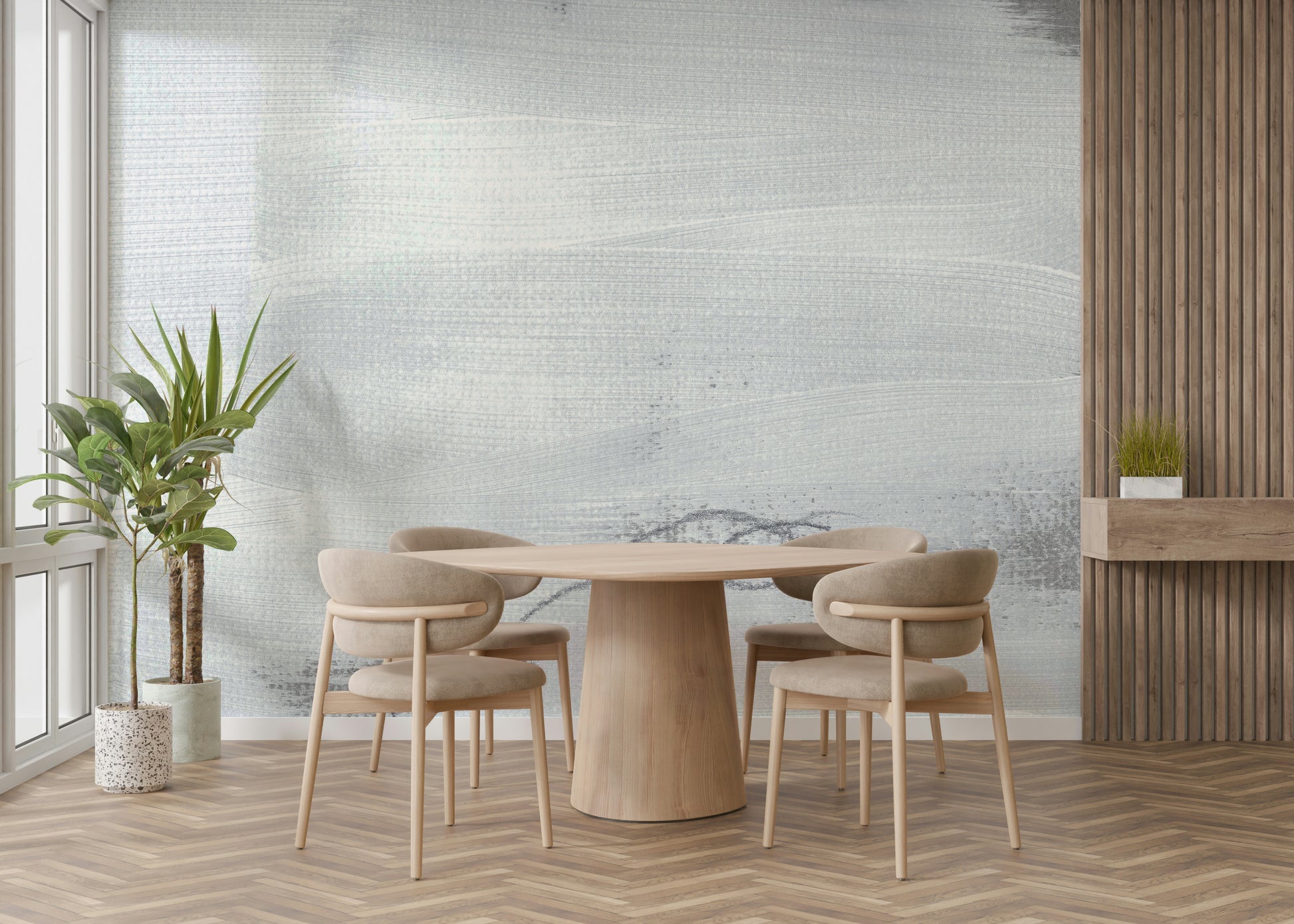 A graceful subtle pattern wall mural in cool, neutral tones.

