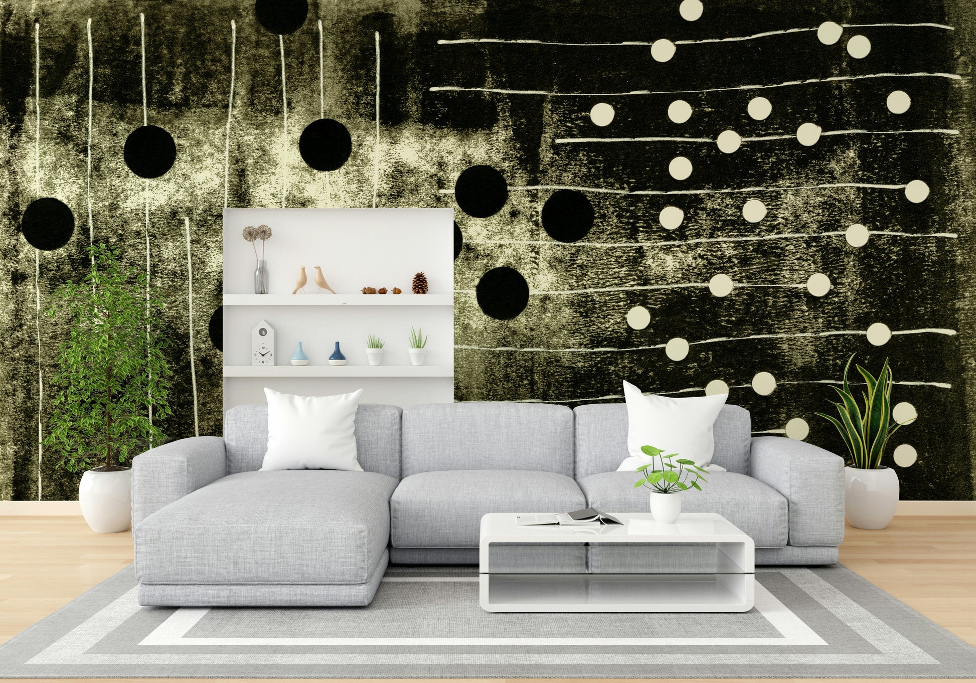 An artistic minimalist form mural for home decor.

