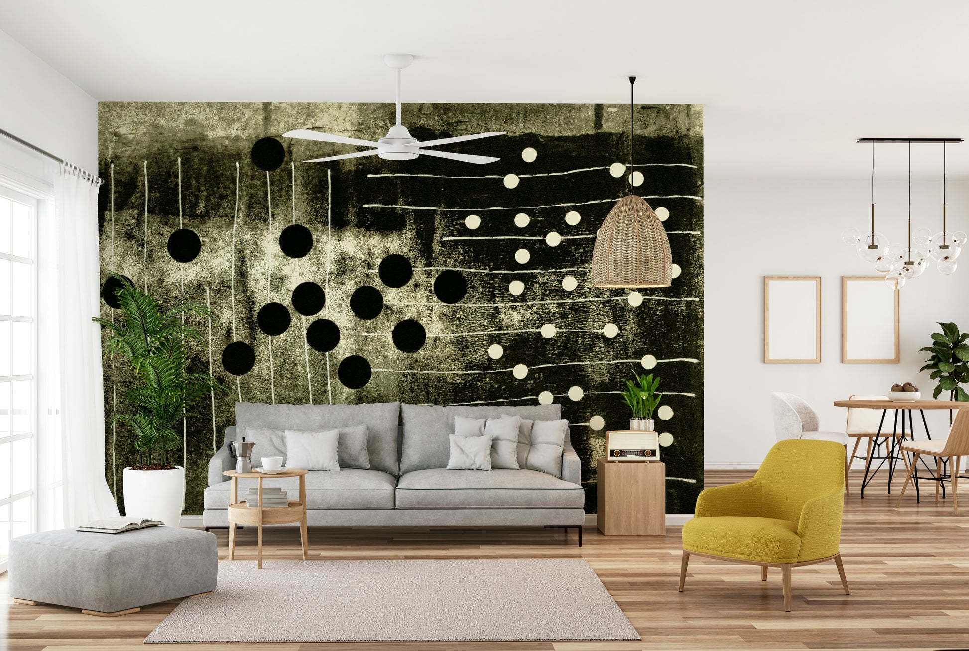 A beautiful monochrome abstract wallpaper mural with rhythmic lines.

