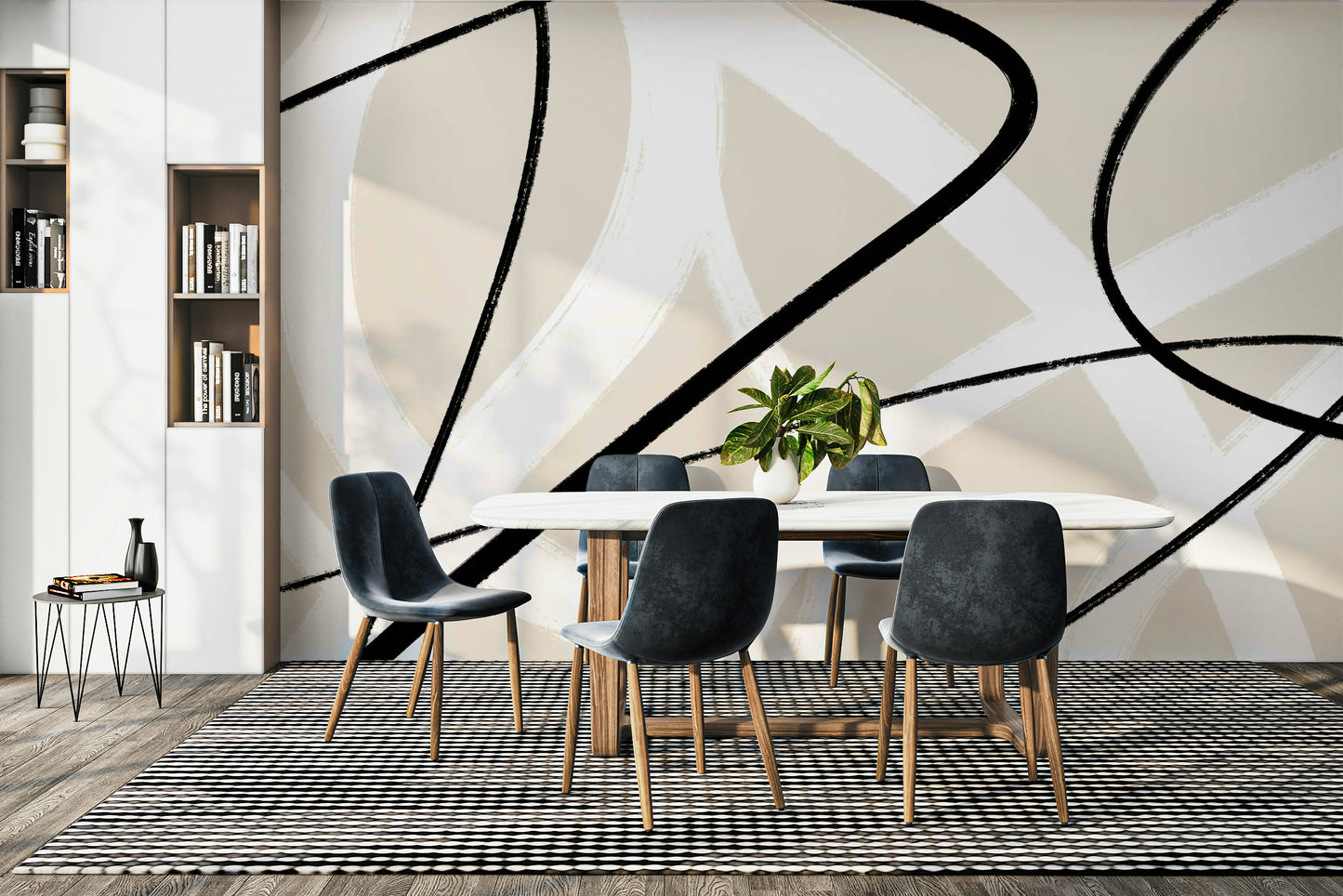 A graceful subtle stroke wall mural in cool, natural tones.

