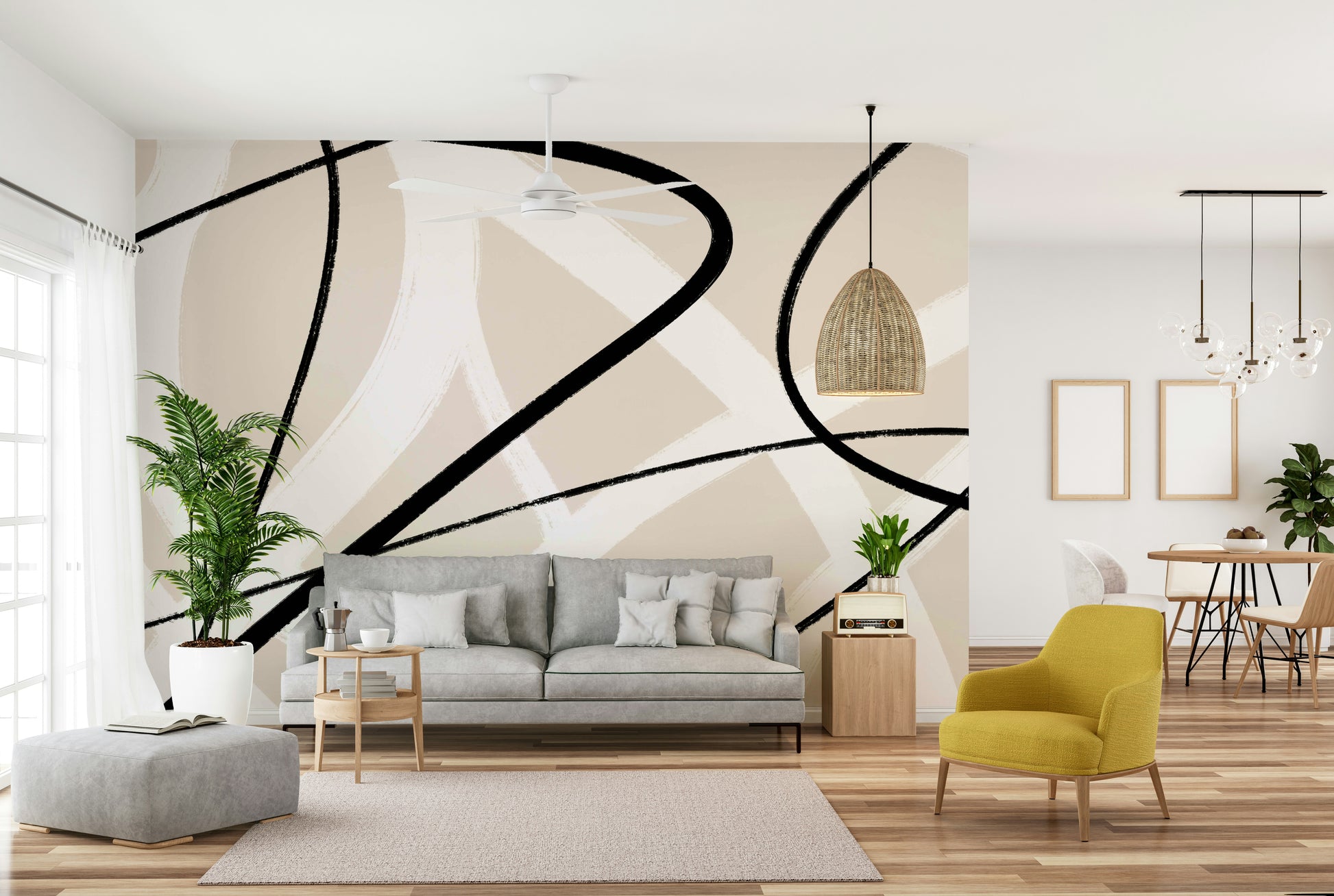 An artistic minimalist form mural for home decor.

