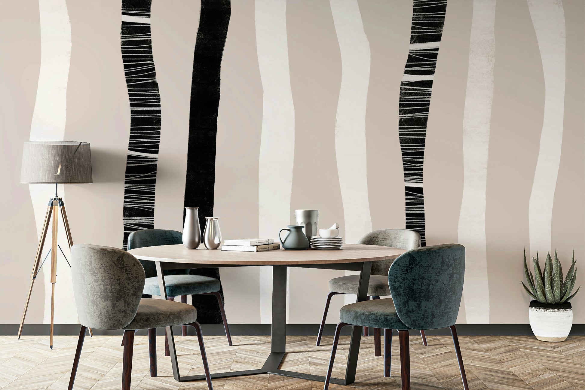 A graceful subtle tree wall mural in cool, natural tones.

