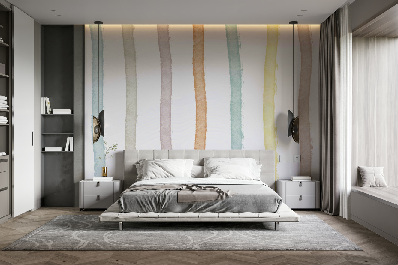 A beautiful abstract watercolor wallpaper mural with vertical lines.

