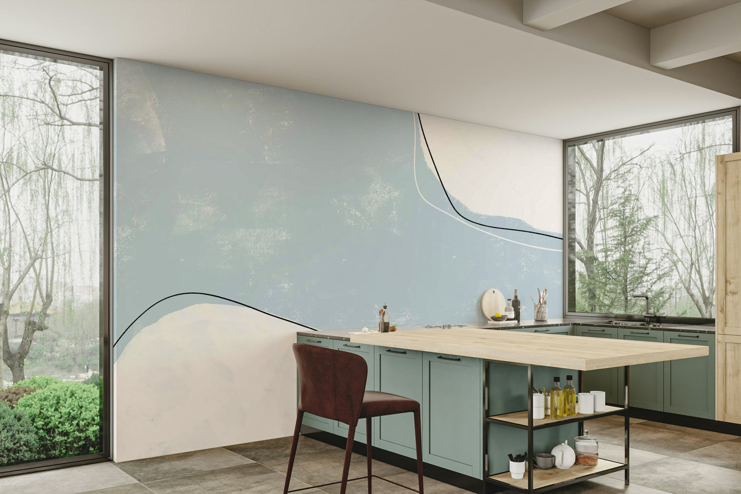 A beautiful wide-angle wall mural of abstract motion.

