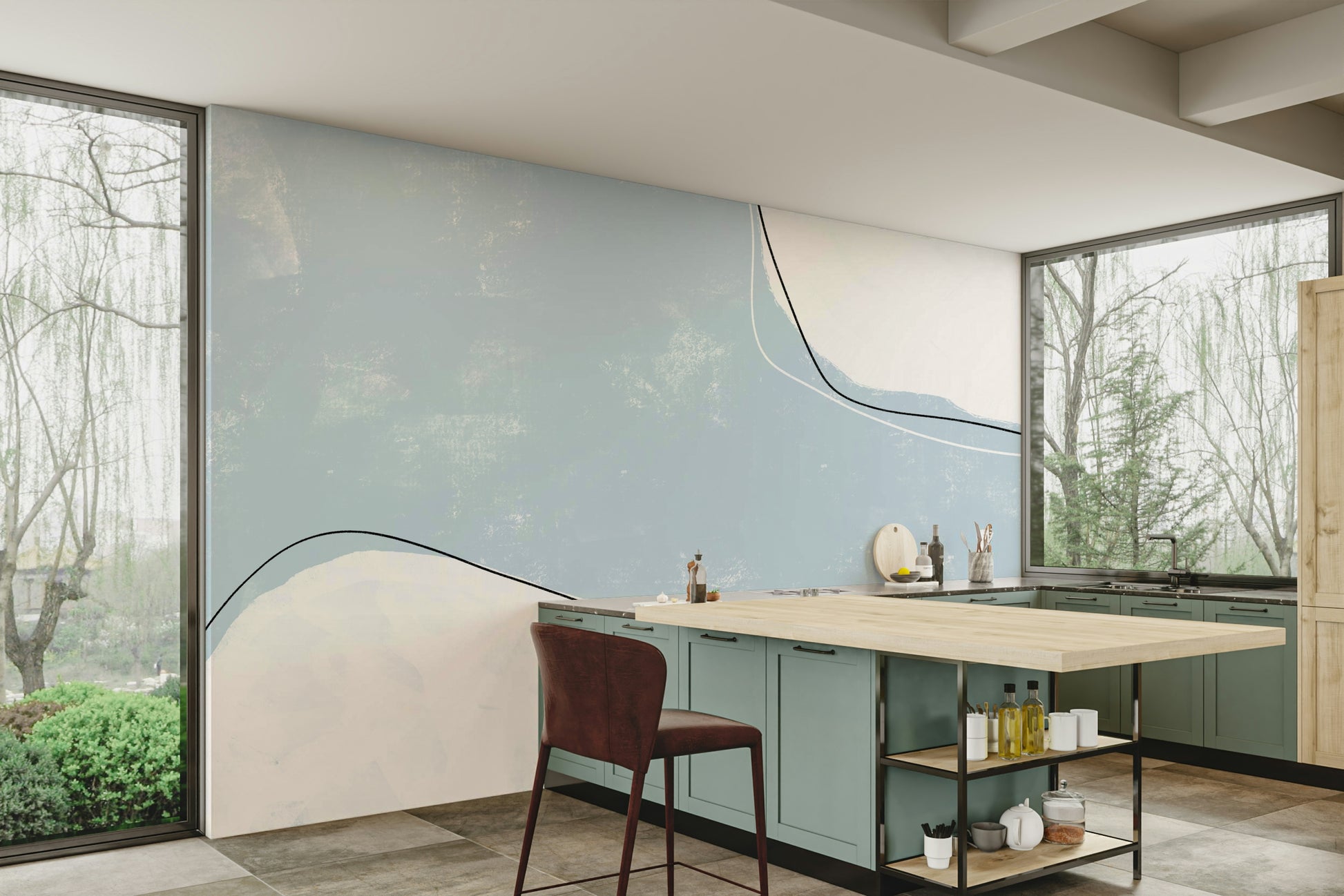 A beautiful wide-angle wall mural of abstract motion.

