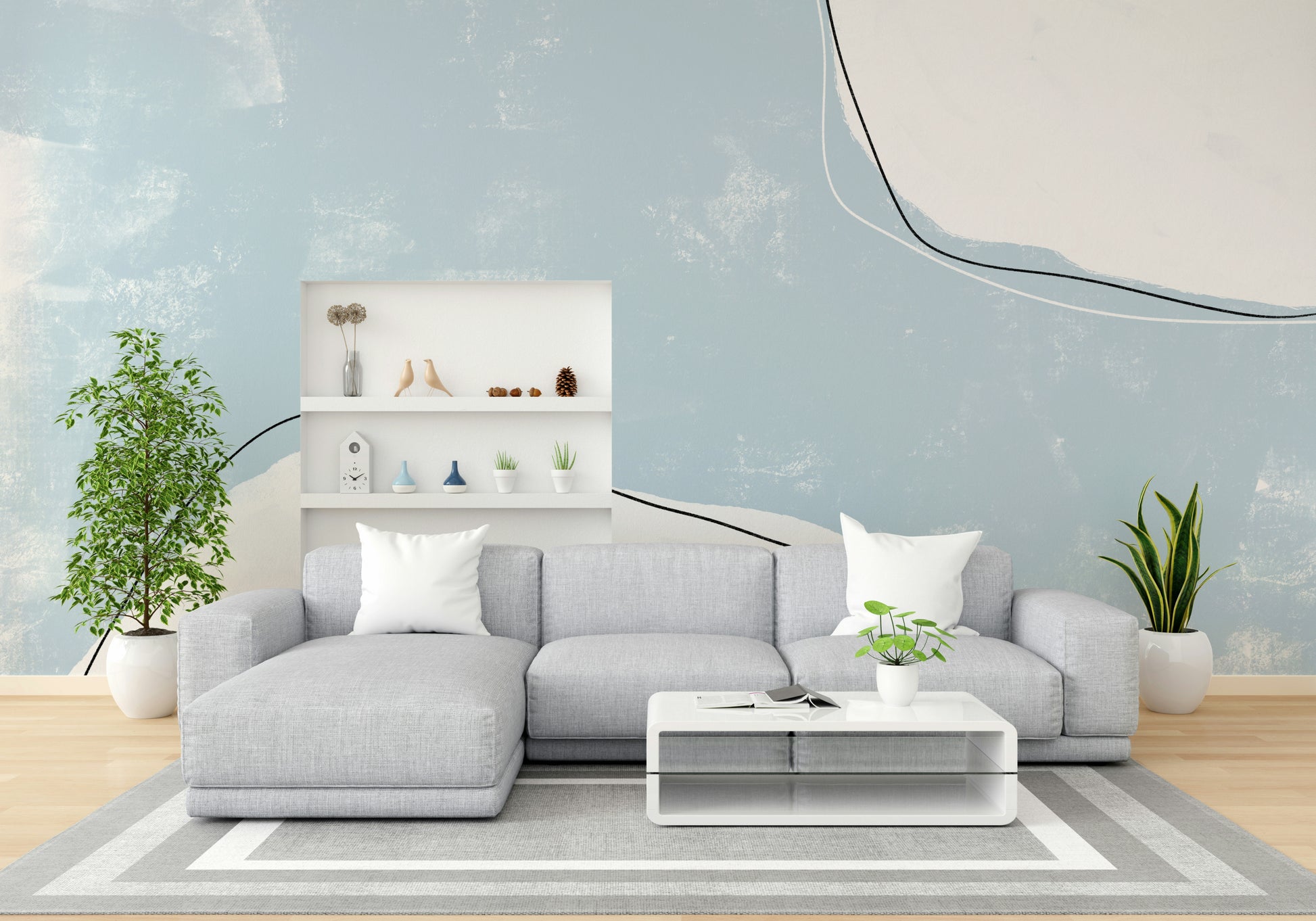 A beautiful abstract brushstroke wallpaper mural in powder blue.


