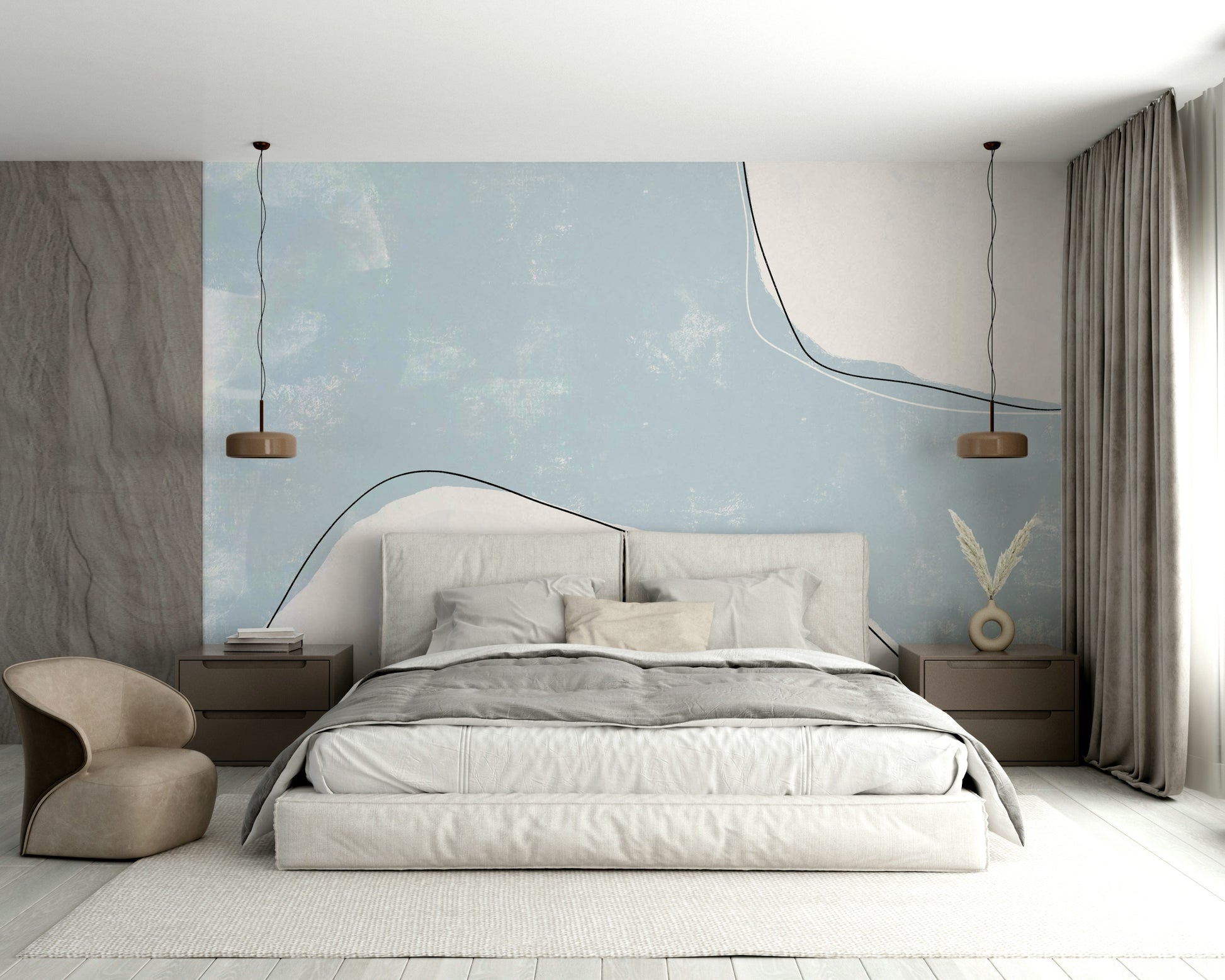 An artistic soft blue stroke mural on minimalist wallpaper.

