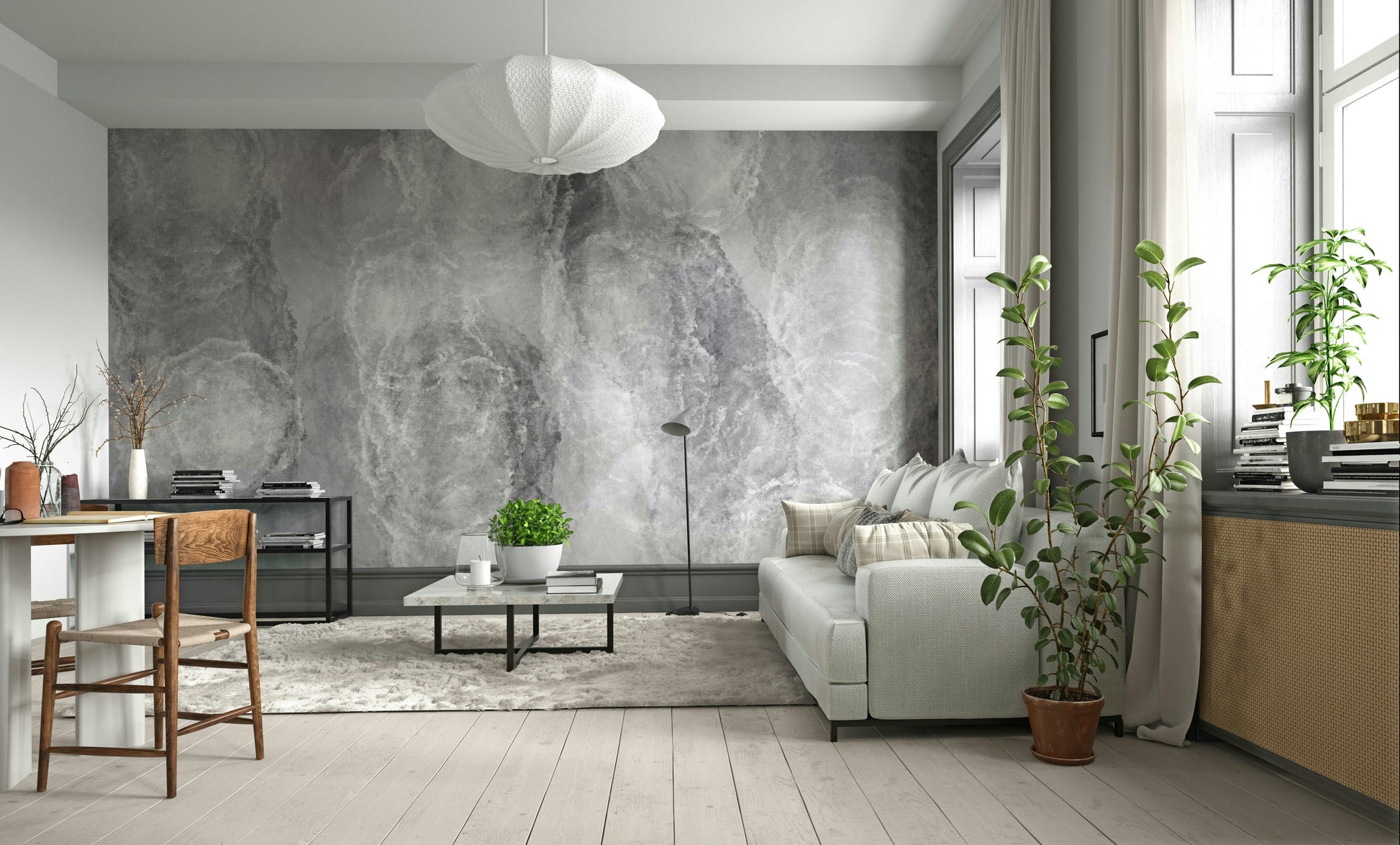 A contemplative gray cloudscape wallpaper mural for a feature wall.

