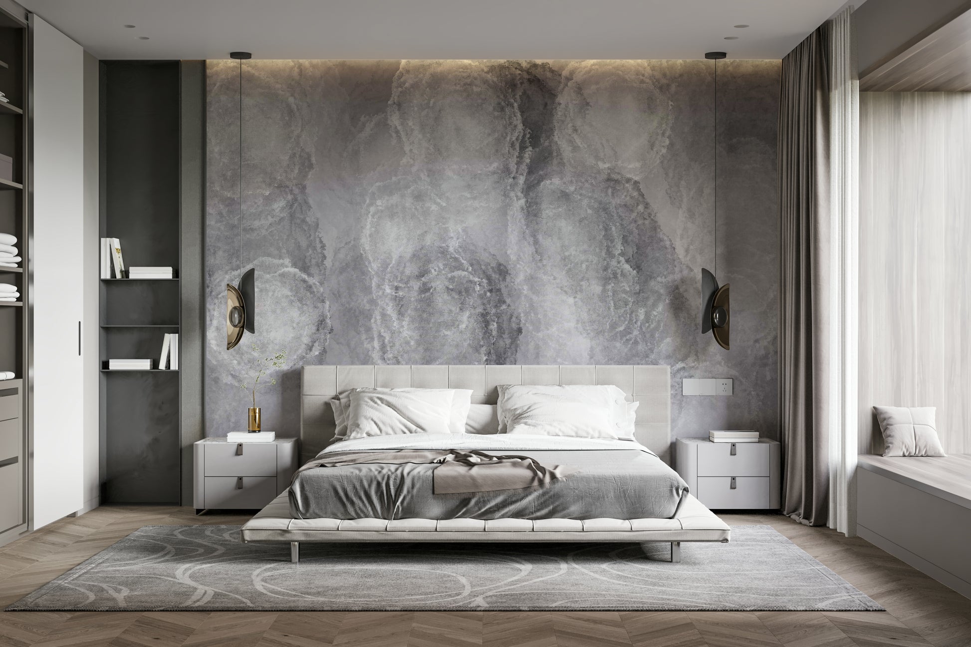 A graceful subtle cloud wall mural in cool, neutral tones.

