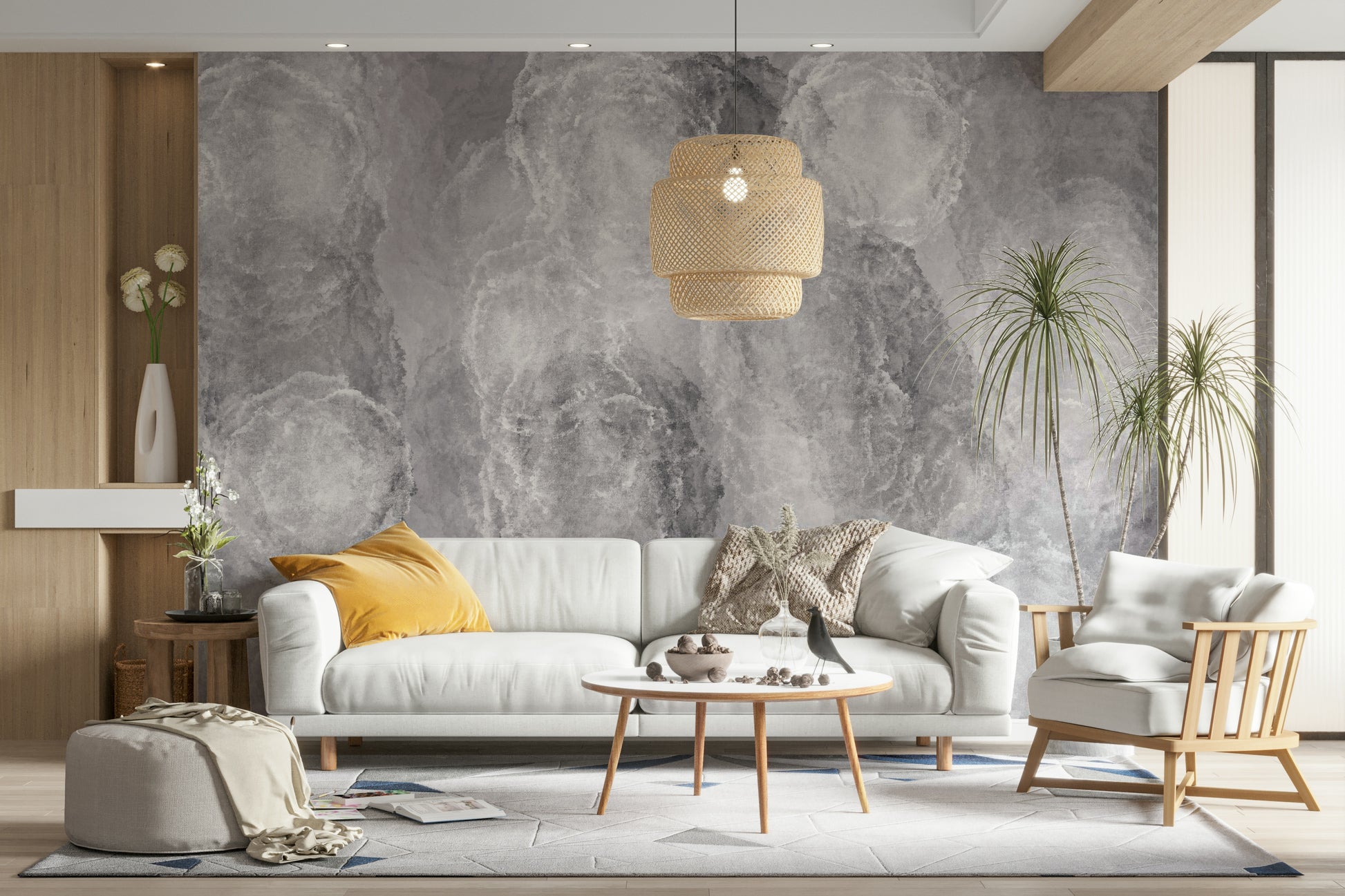 An artistic soft focus cloud mural on minimalist wallpaper.

