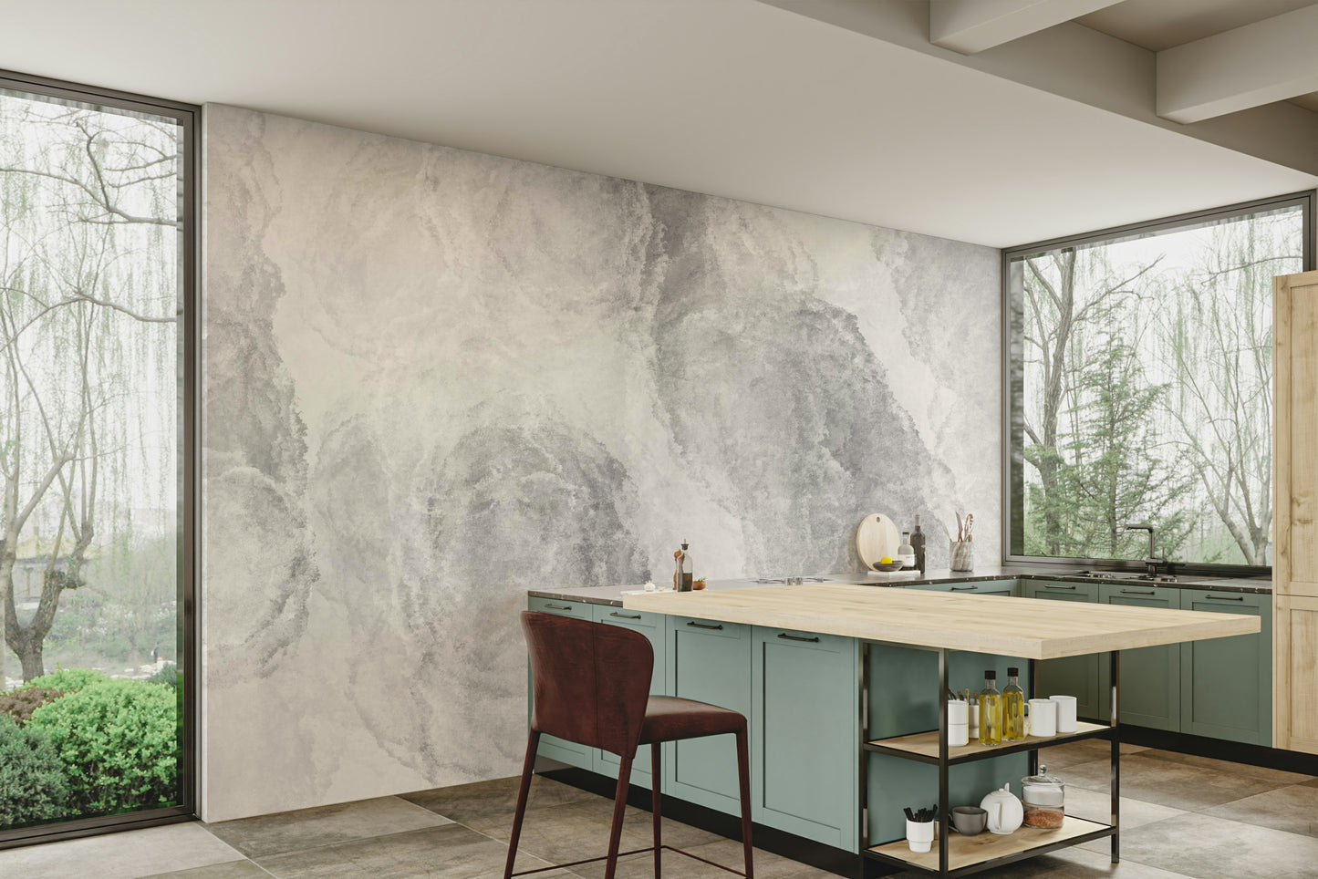 An artistic soft focus mural on minimalist wallpaper.

