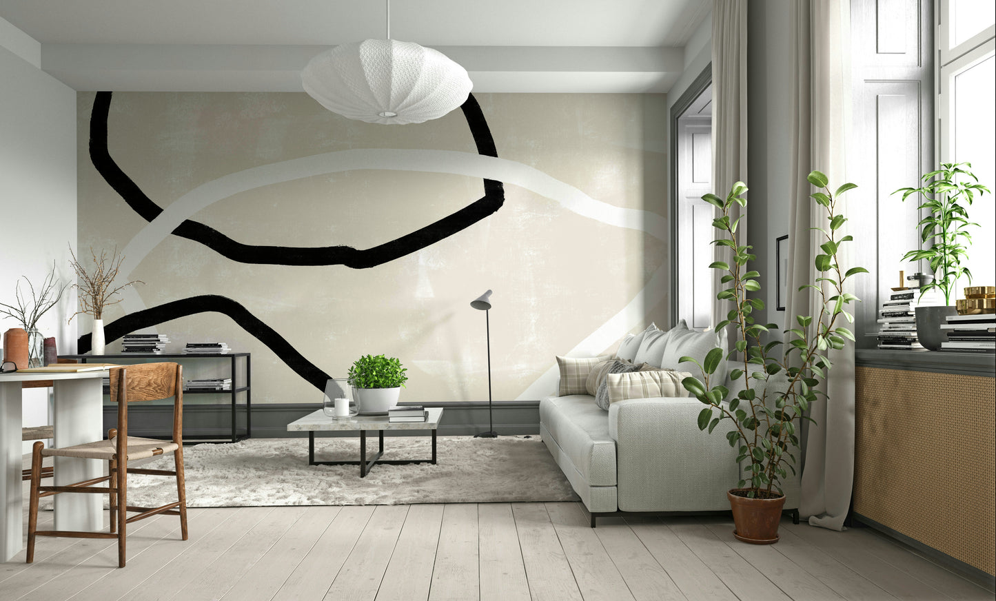A peaceful modern abstract mural on decorative wallpaper.

