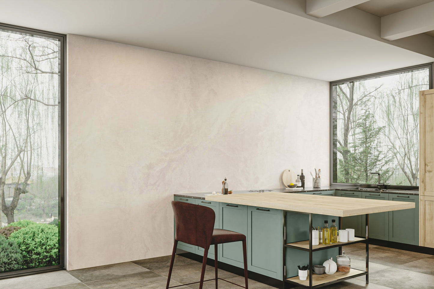 A calming neutral design wallpaper mural that defines a space.

