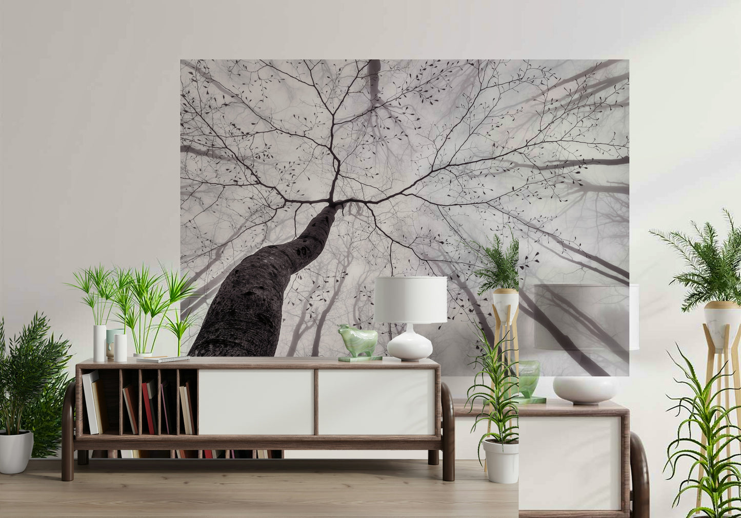 A contemplative misty forest wallpaper mural for a feature wall.

