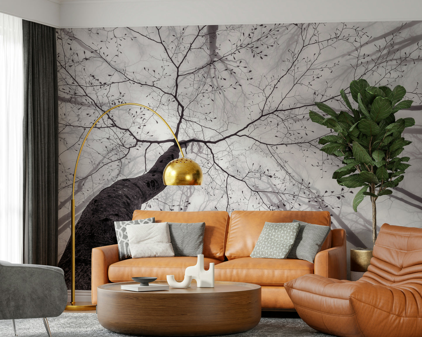 A peaceful woodland vista mural on decorative wallpaper.

