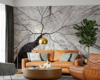 A peaceful woodland vista mural on decorative wallpaper.

