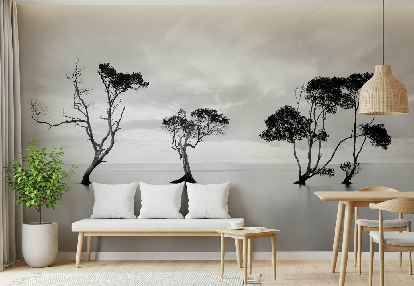 A graceful subtle tree wall mural in cool, neutral tones.

