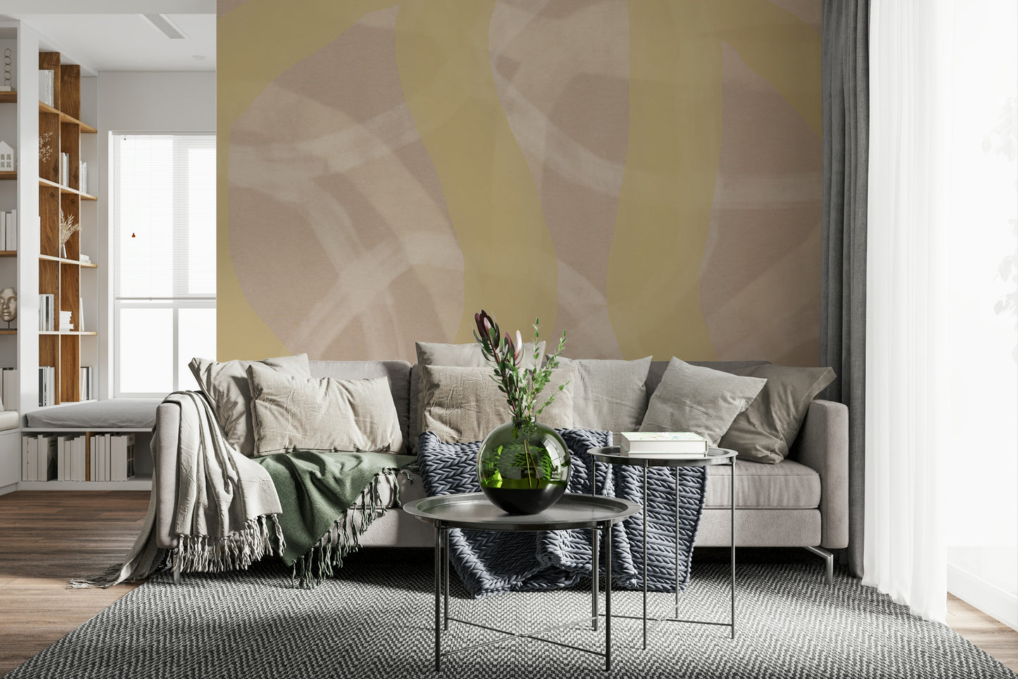 A peaceful flowing curve mural on decorative wallpaper.

