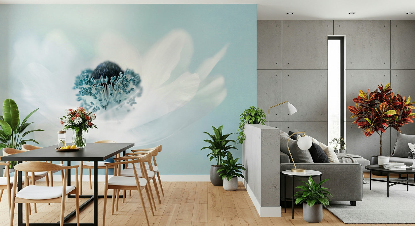 A graceful subtle bloom wall mural in soft, elegant tones.


