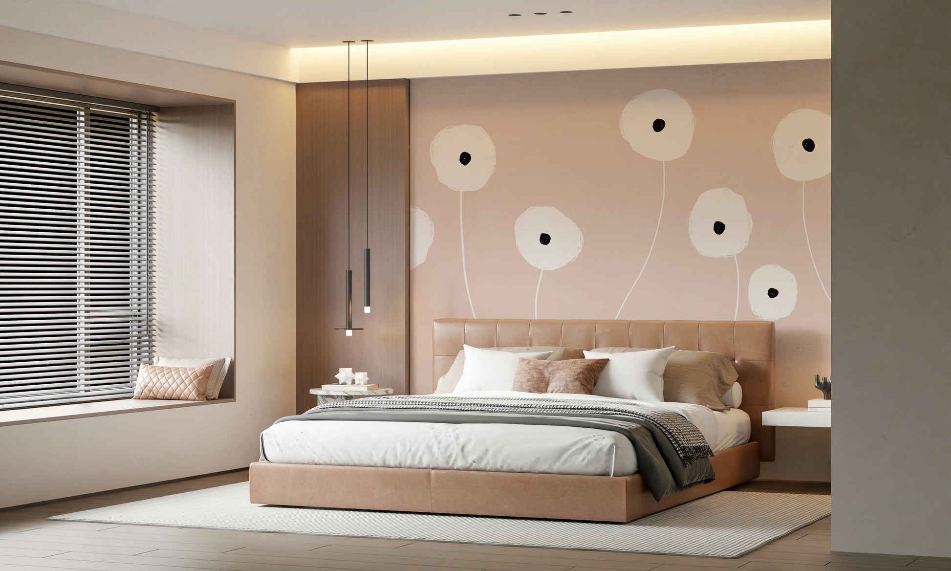 A graceful subtle bloom wall mural in soft, elegant tones.

