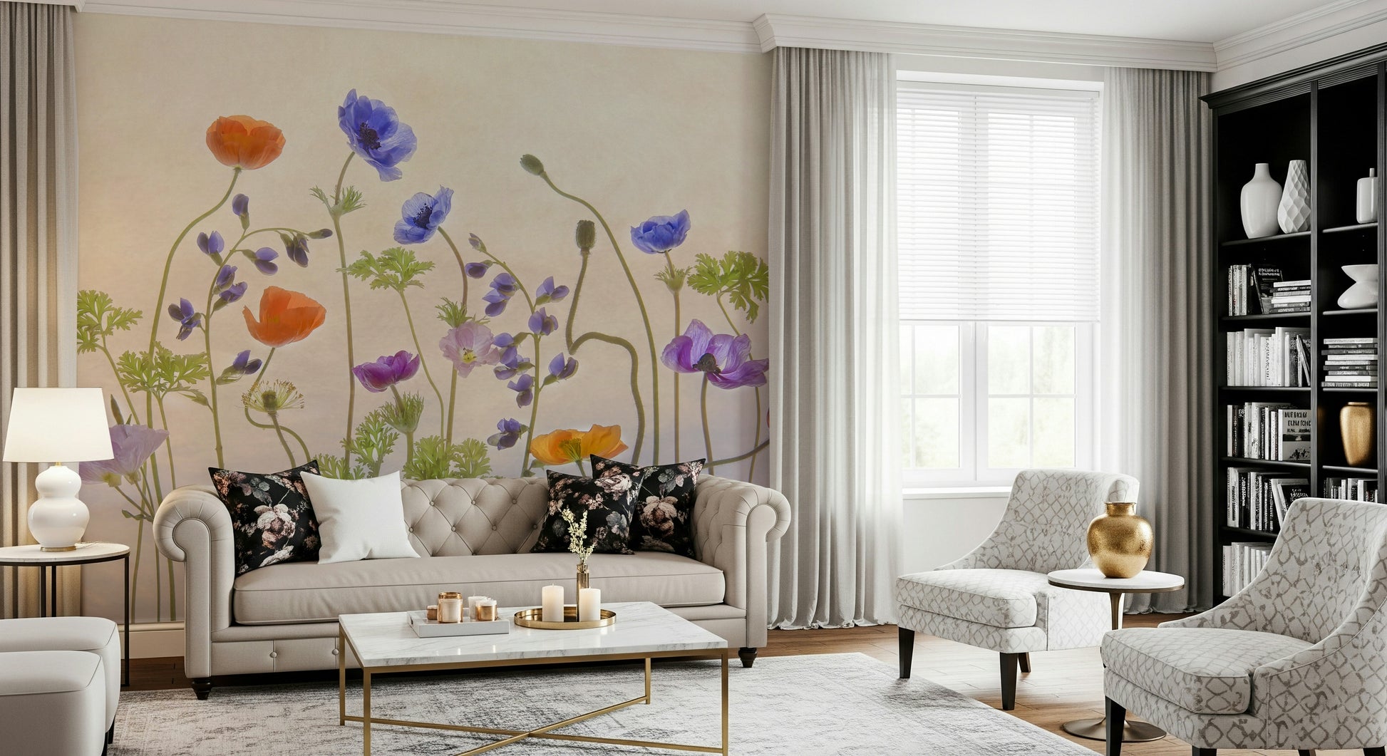 A contemplative floral pattern wallpaper mural for a feature wall.

