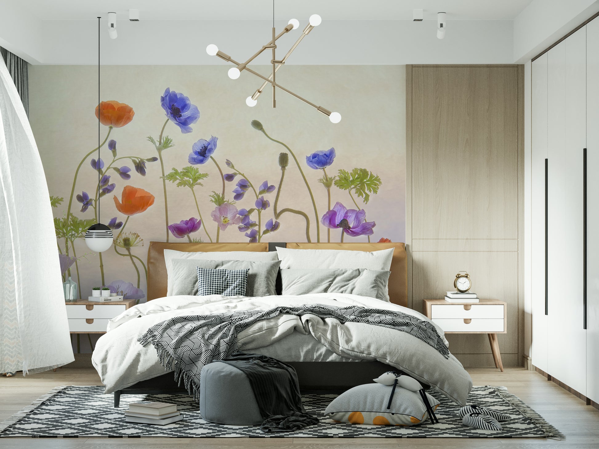 A beautiful modern art wall mural of delicate flowers.


