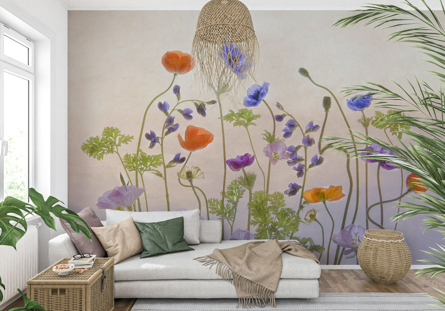 A graceful subtle flower wall mural in bright, elegant tones.

