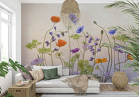 A graceful subtle flower wall mural in bright, elegant tones.

