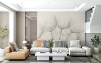 An artistic delicate dandelion mural on minimalist wallpaper.

