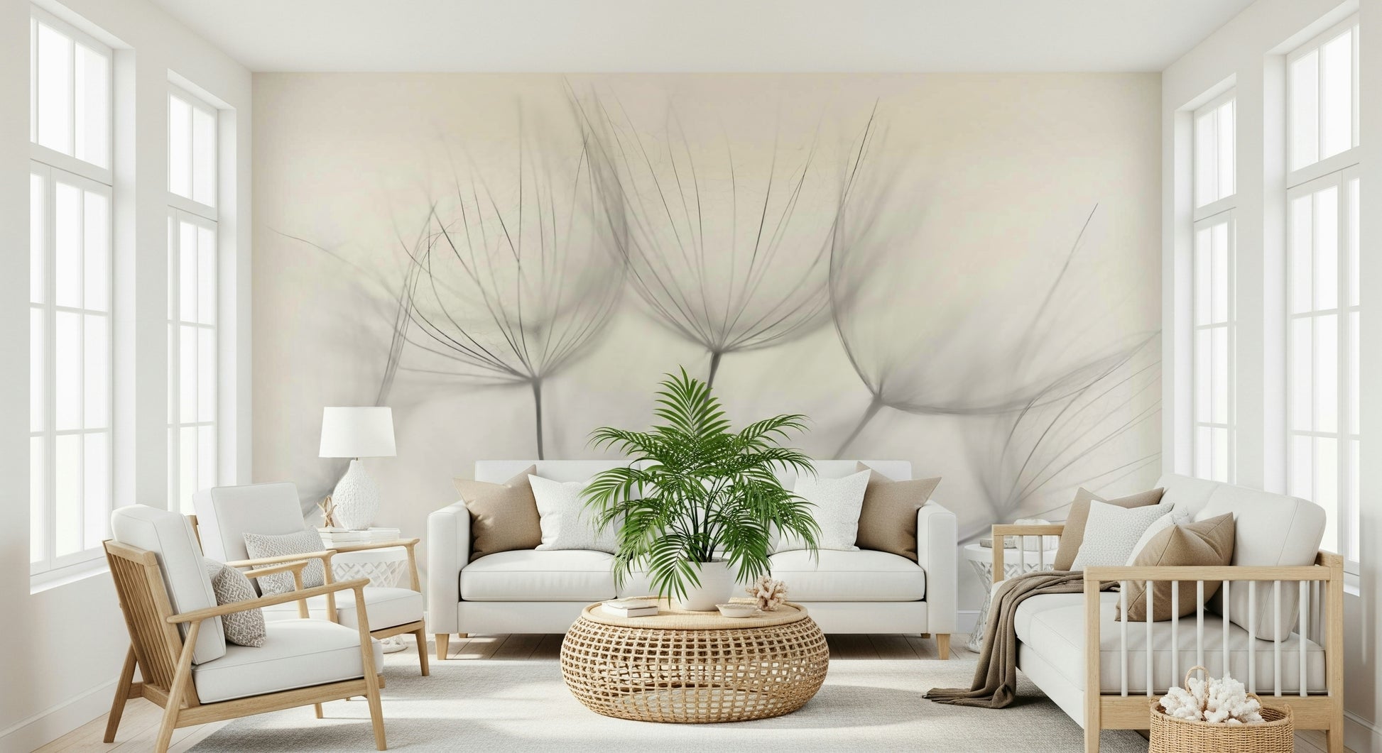 A graceful subtle bloom wall mural in soft, elegant tones.

