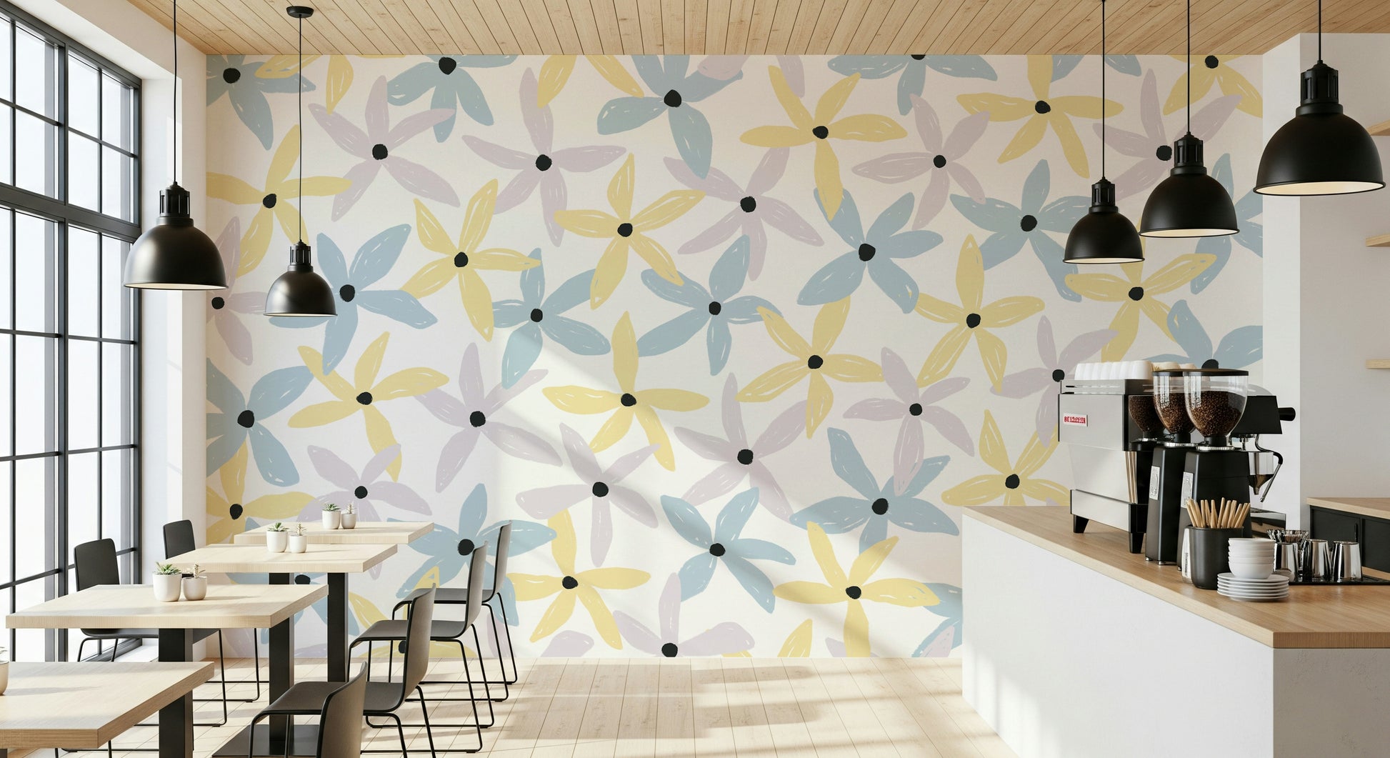 A peaceful flower design mural on decorative wallpaper.

