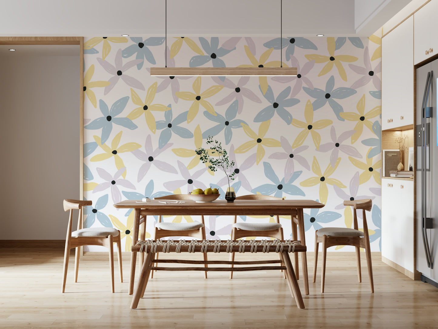 A beautiful modern art wall mural of delicate flowers.

