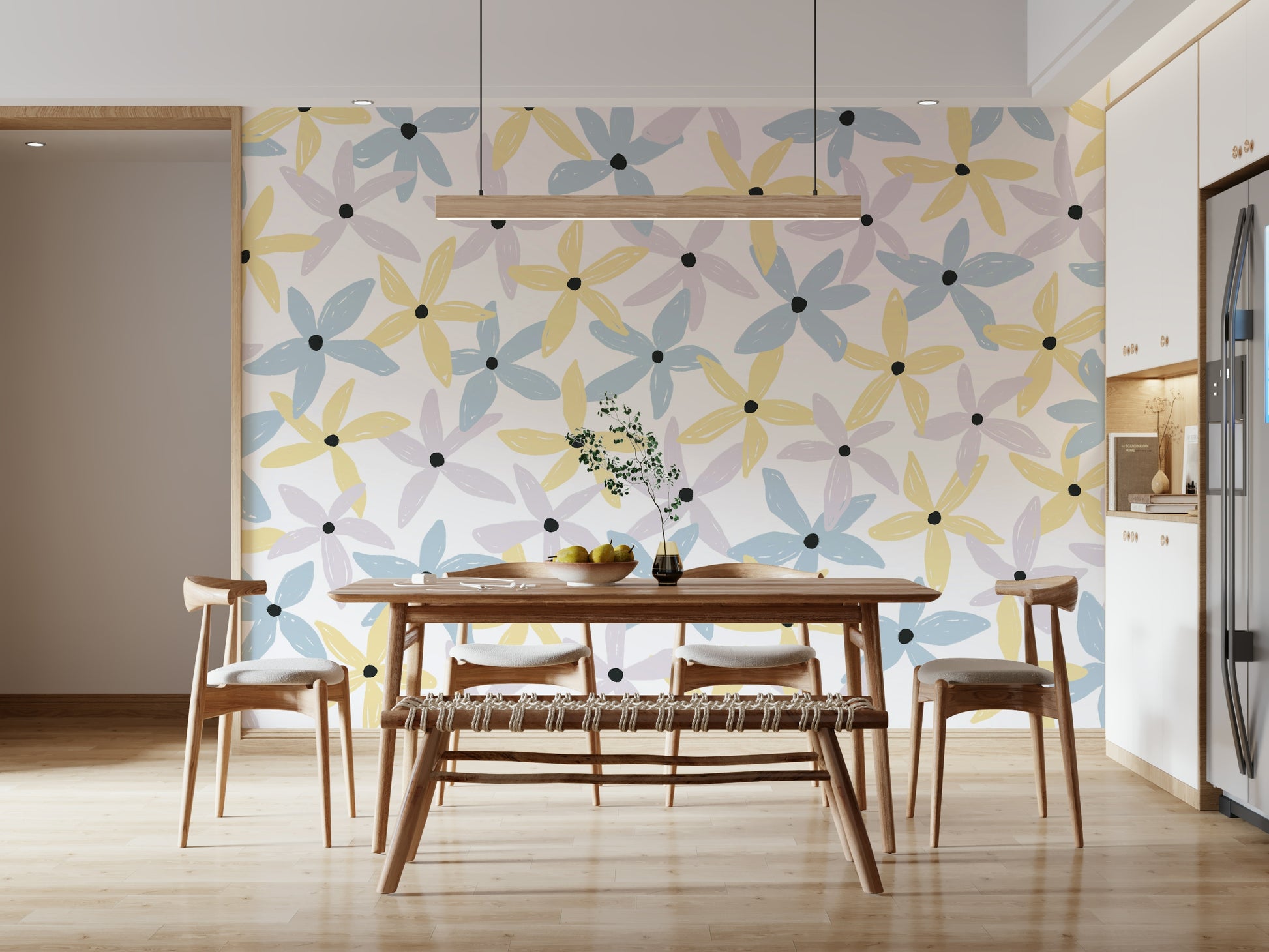 A beautiful modern art wall mural of delicate flowers.

