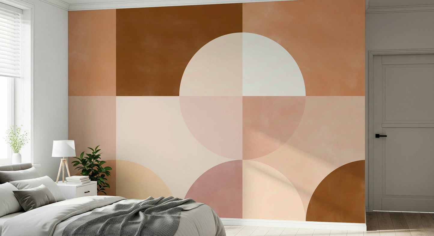 A peaceful geometric abstract mural on decorative wallpaper.

