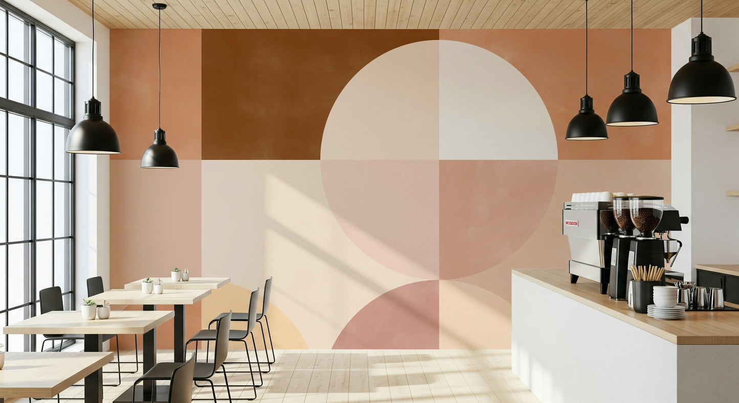 An artistic modern shape mural on minimalist wallpaper.


