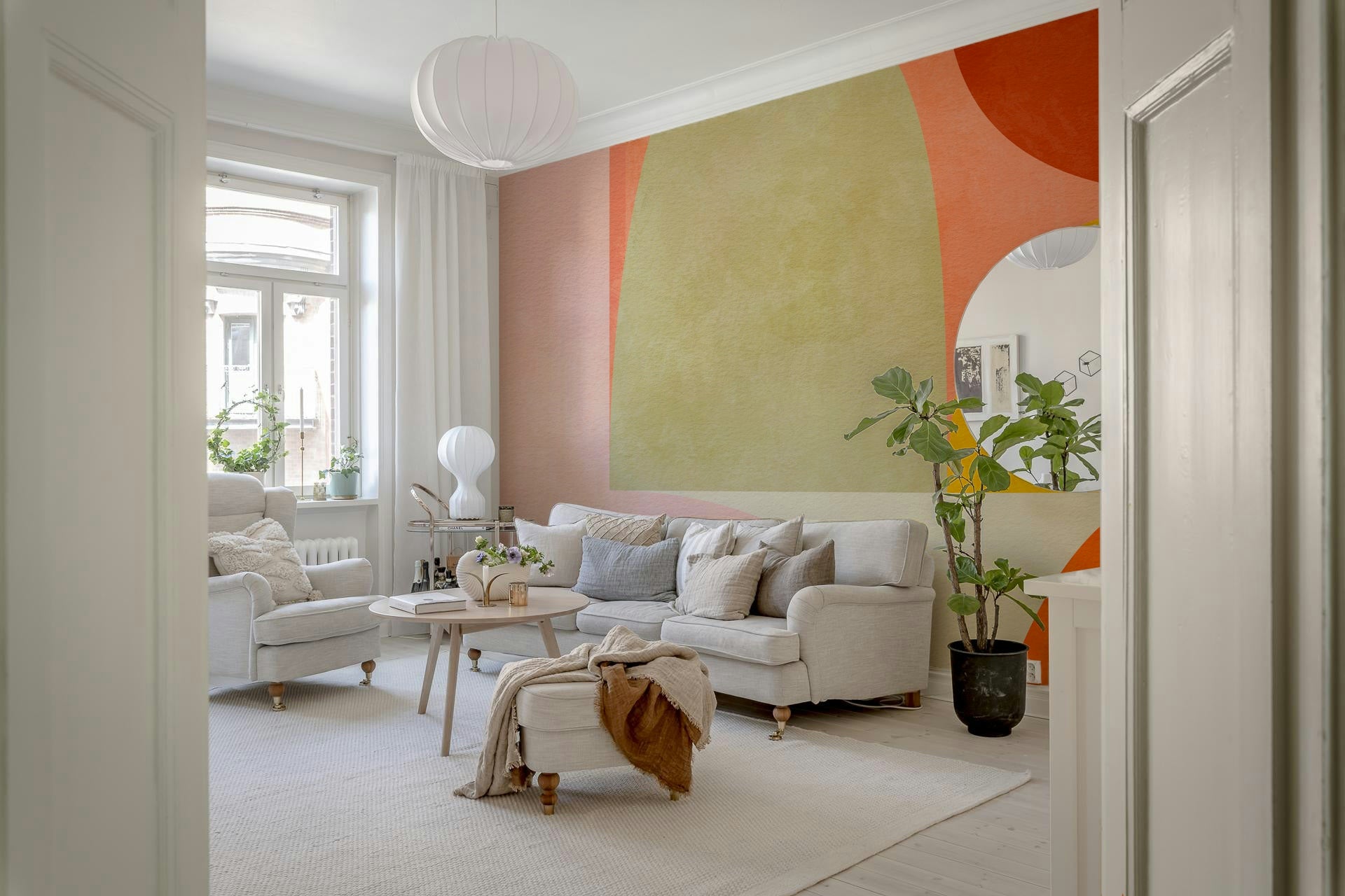 A calming modern pattern wallpaper mural that defines a space.

