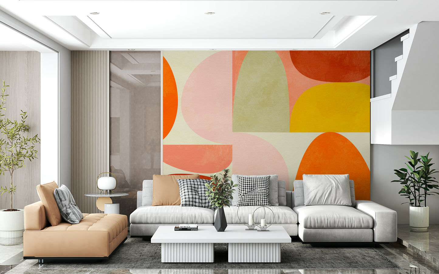 An artistic minimalist form mural for home decor.

