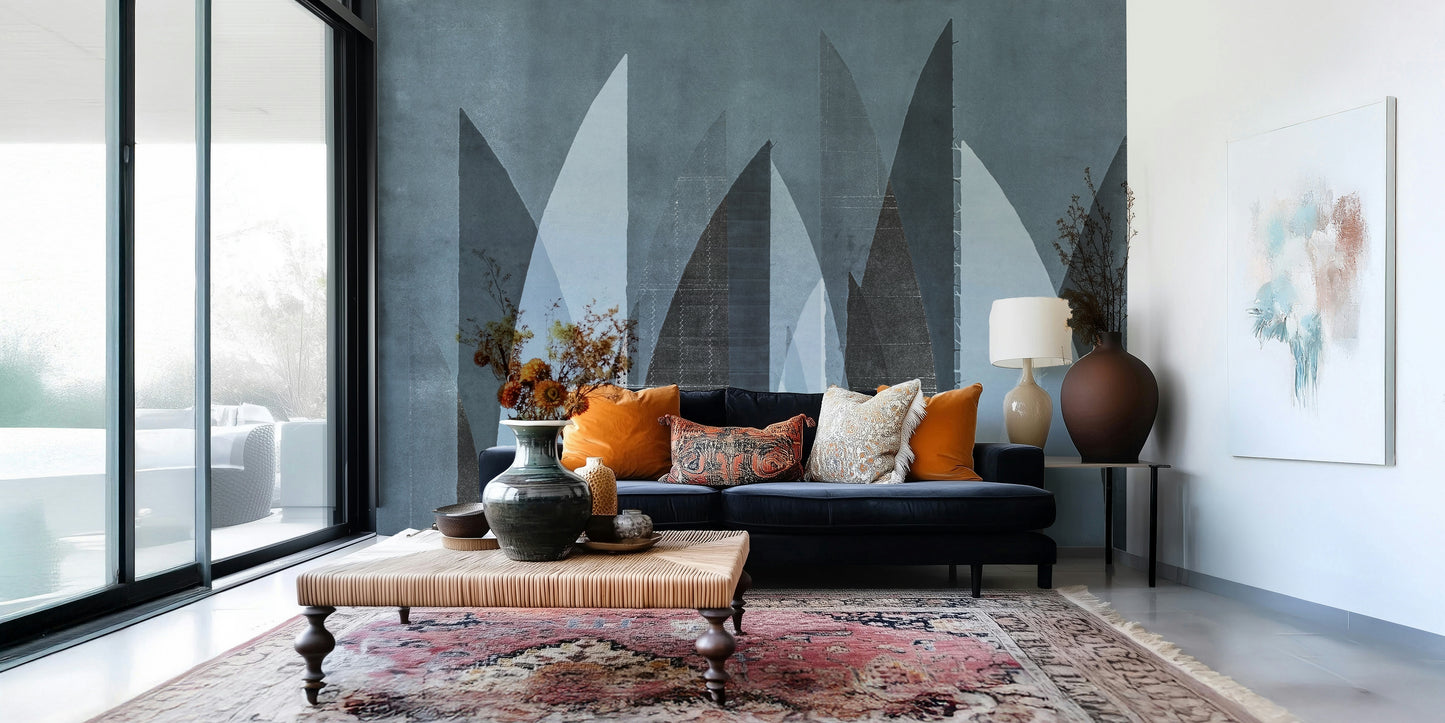 A beautiful modern art wall mural of abstract peaks.

