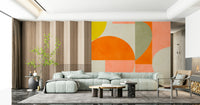 A peaceful geometric abstract mural on decorative wallpaper.


