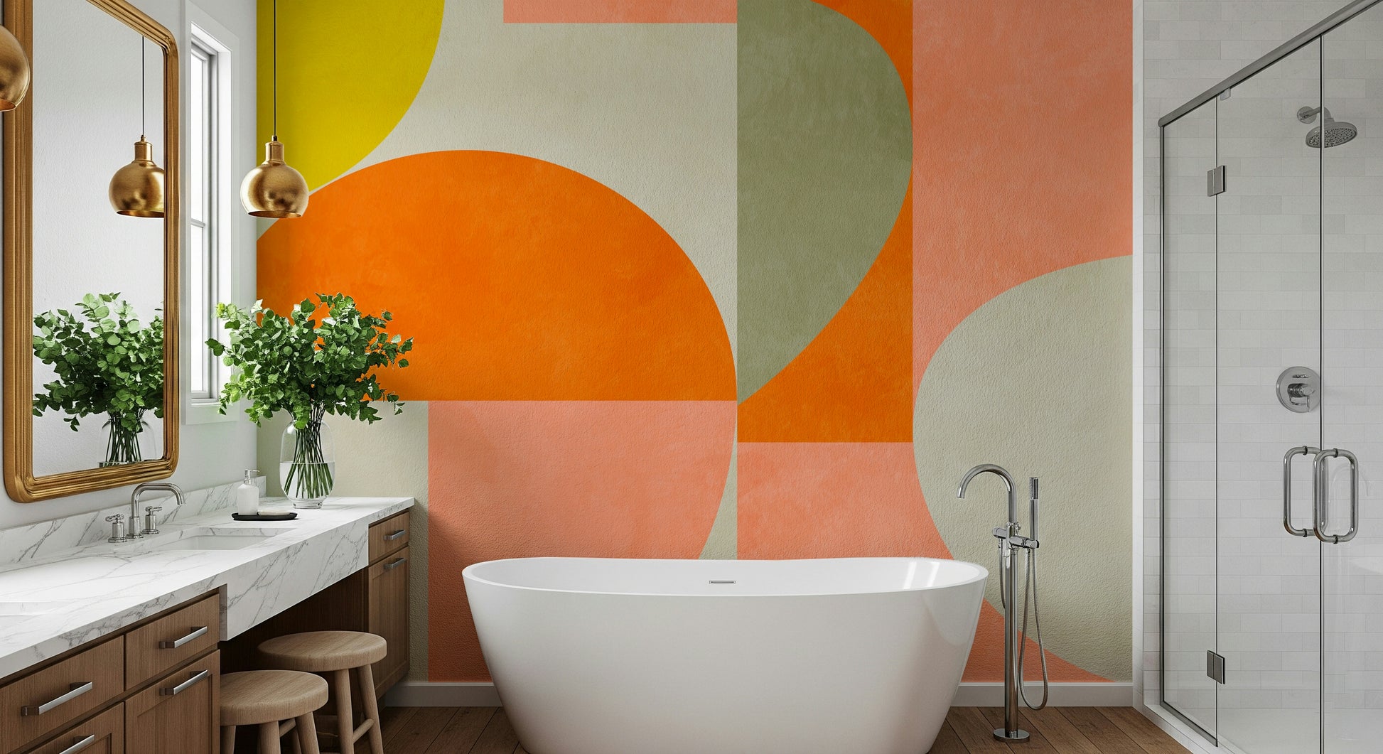An artistic retro pattern mural on minimalist wallpaper.

