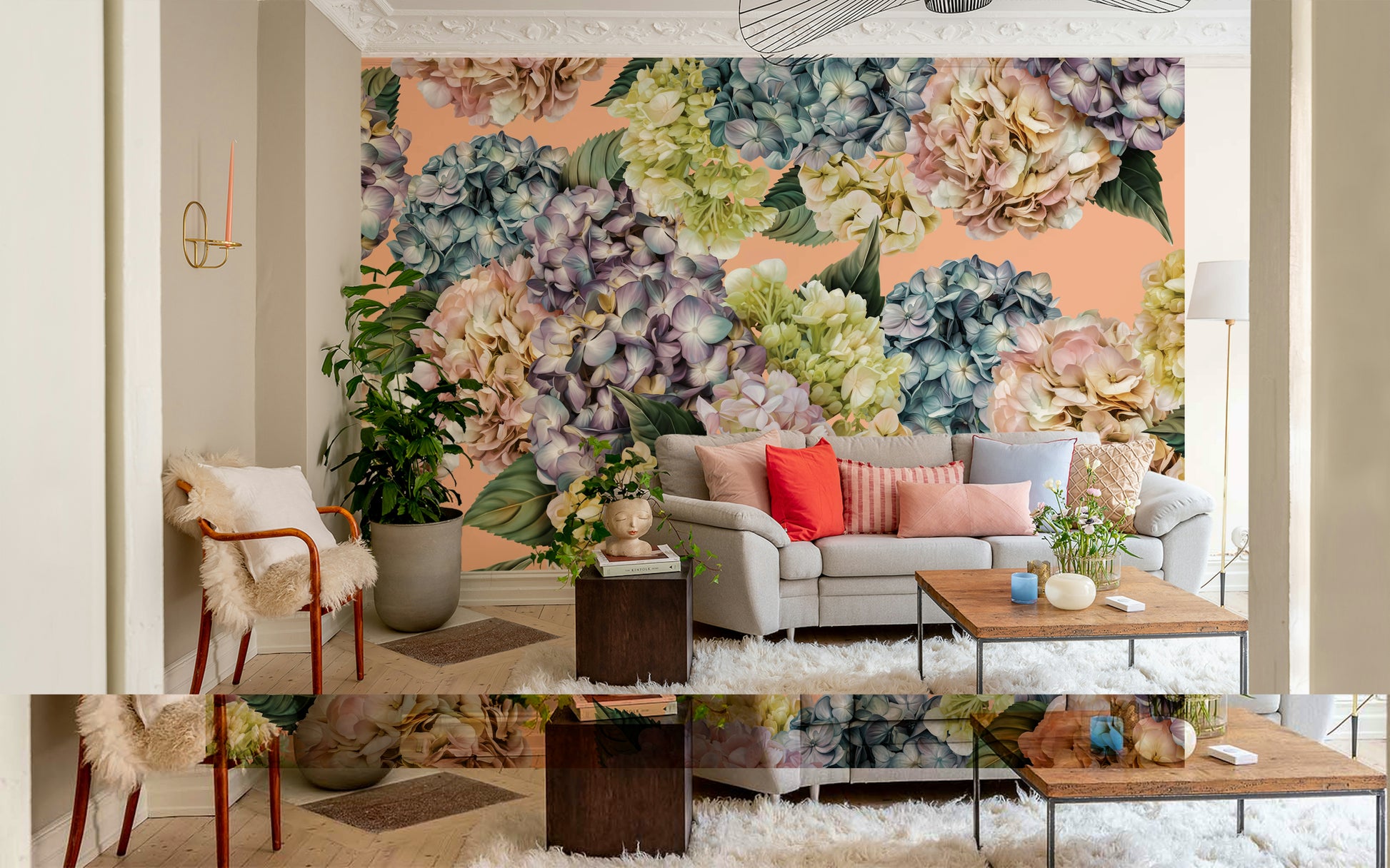A graceful subtle bloom wall mural in soft, pastel tones.