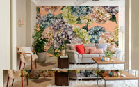 A graceful subtle bloom wall mural in soft, pastel tones.