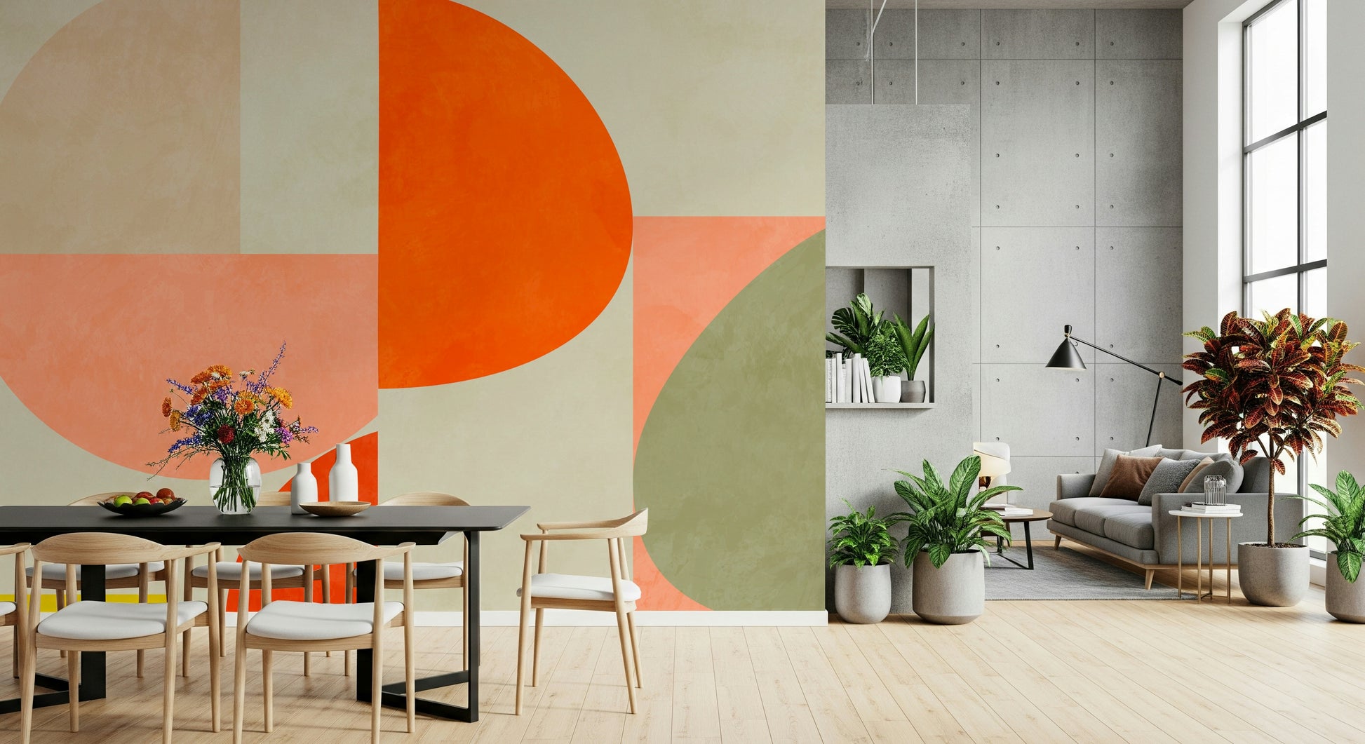 A beautiful modern art wall mural for a living room.