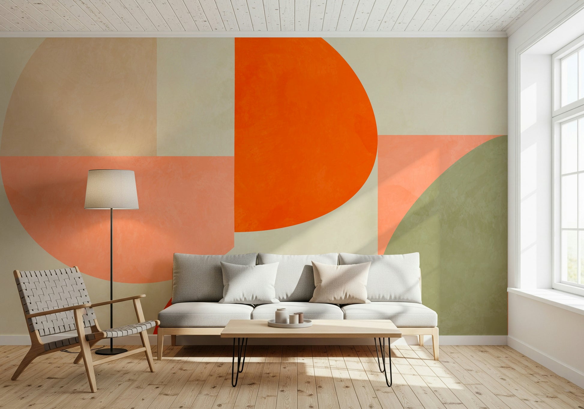 An artistic modern shape mural on minimalist wallpaper.