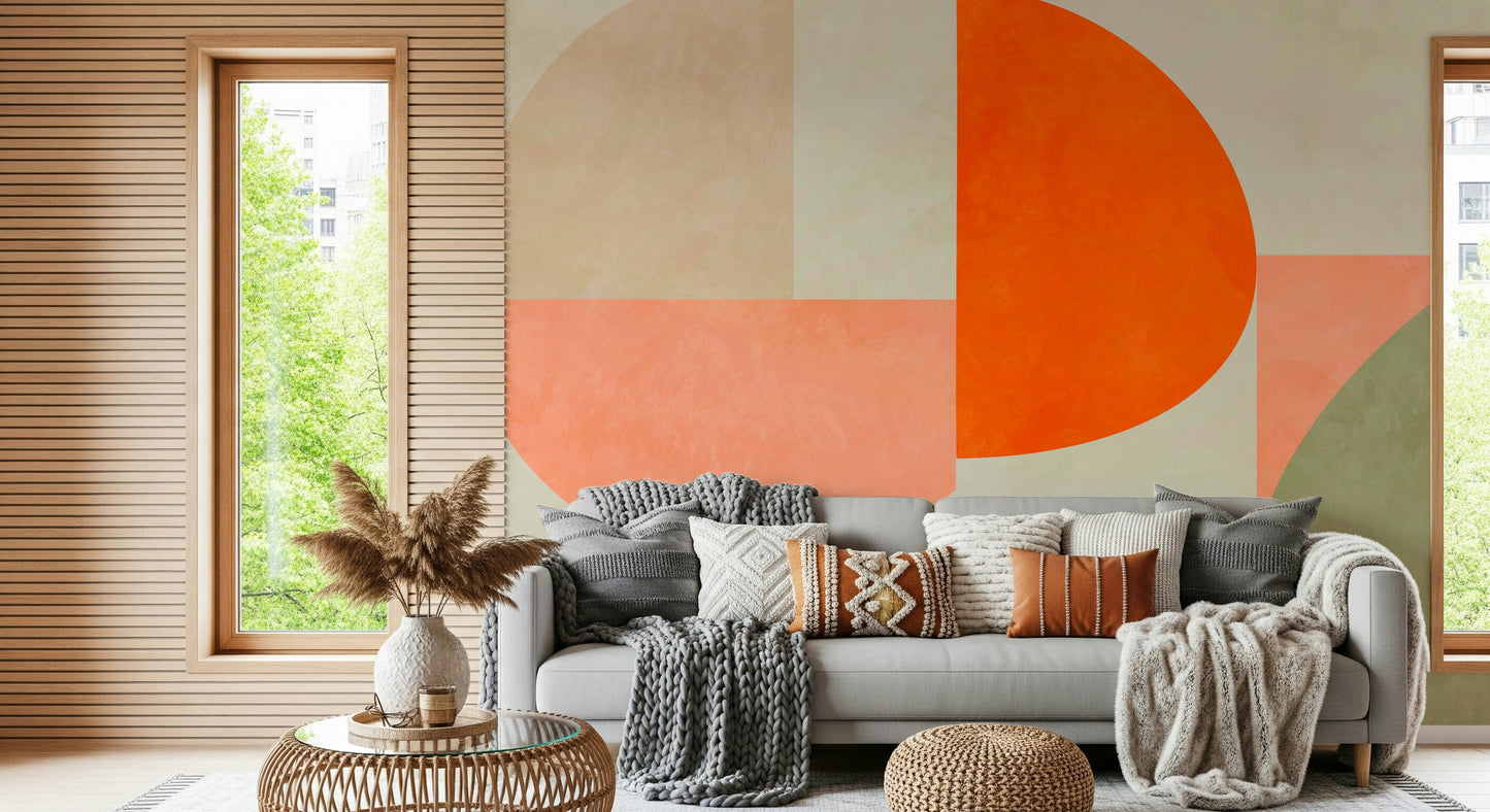 A peaceful geometric design mural on decorative wallpaper.