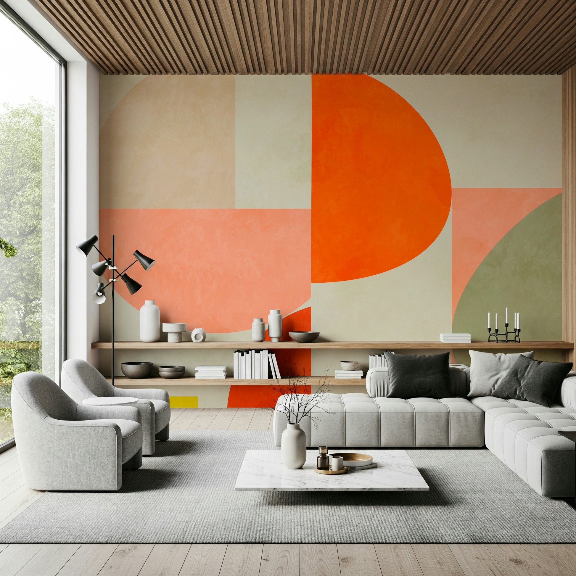 A contemplative geometric design wallpaper mural for a feature wall.